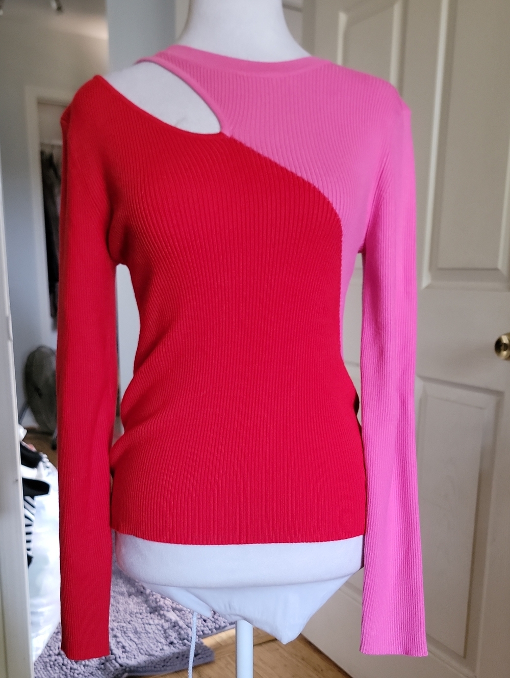 Off-Shoulder Two-Tone Red & Pink Ribbed Sweater